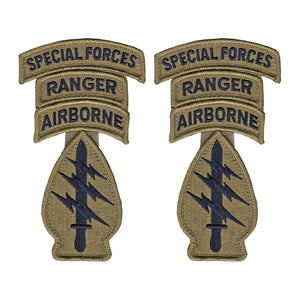 Special Forces OCP Patch with Special Forces, Airborne, Ranger Tabs (no space) with Hook Fastener (pair) - Insignia Depot