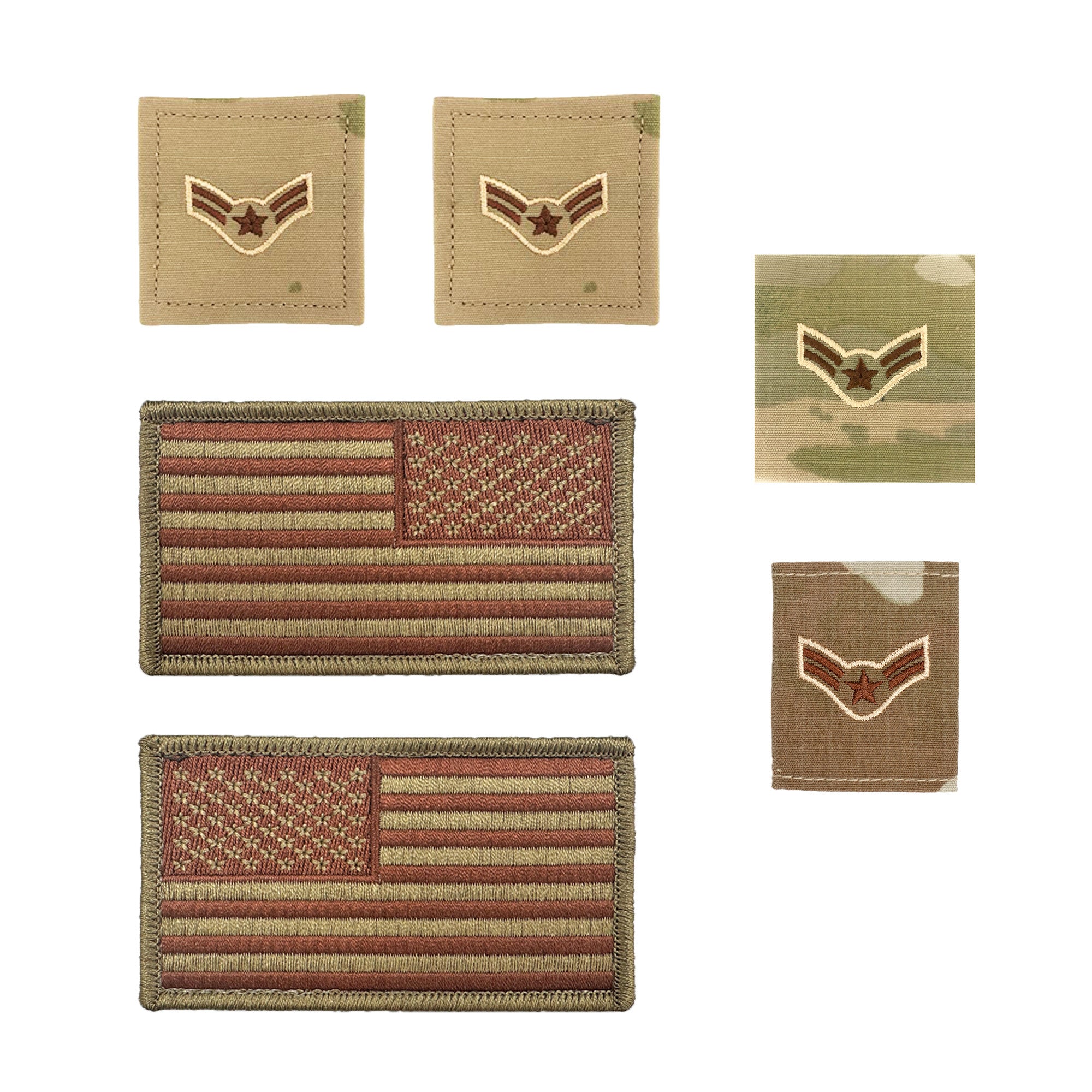 US Air Force Airman First Class Rank and Reverse OCP Spice Brown Flag Bundle  - Insignia Depot