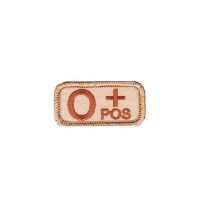 O+ Blood Type Patch Desert  W/ Brown Letters W/ Hook Fastener.